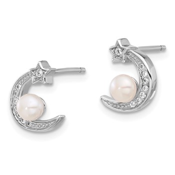 Sterling Silver Rhod-plated CZ and FWC Pearl Moon and Star Post Earrings — alternate view