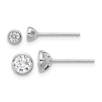 Sterling Silver RH-plated 3mm and 5mm CZ Bezel Post Earrings Set