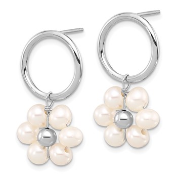 Sterling Silver Rhodium-plated 4-5mm White Semi-Round Freshwater Cultured Pearl Flower Post Dangle Earrings — alternate view