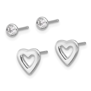 Sterling Silver Rhodium-plated CZ and Heart Post Earrings Set — alternate view