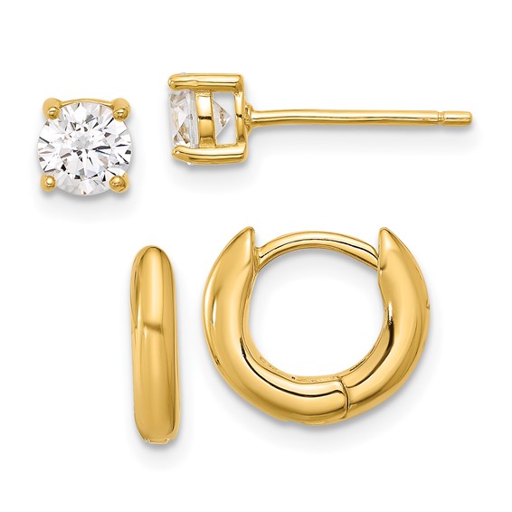 Sterling Silver Gold-tone Huggie Hoops and 5mm CZ Stud Earrings Set Sterling Silver Gold-tone Huggie Hoops and 5mm CZ Stud Earrings Set