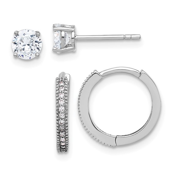 Sterling Silver CZ 2mm Hoop and 5mm Stud Post Earrings Set Sterling Silver CZ 2mm Hoop and 5mm Stud Post Earrings Set