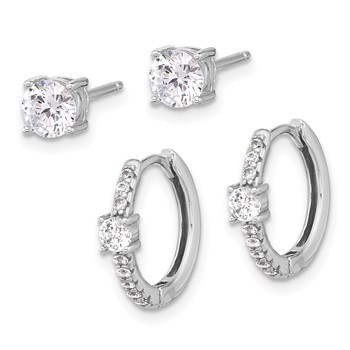 Sterling Silver RH-plated 5mm CZ Studs and Hinged Hoop Earring Set — alternate view