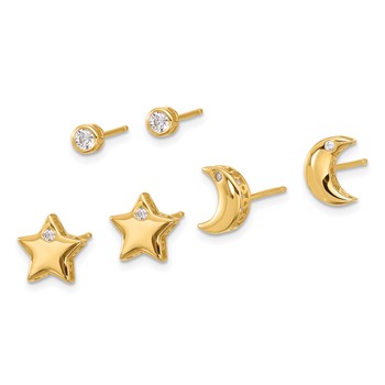 Sterling Silver Gold-tone CZ Moon/Star and Round Set of 3 Post Earring Set — alternate view
