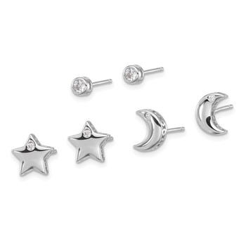 Sterling Silver RH-plated CZ Moon/Star and Round Set of 3 Post Earring Set — alternate view