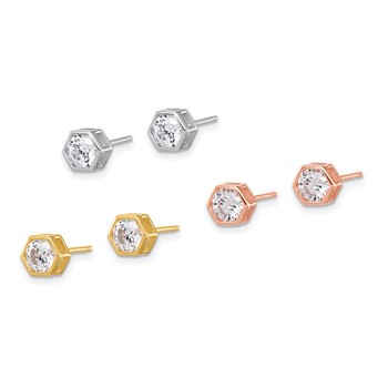 Sterling Silver RH-plated Rose and Gold-tone CZ Set of 3 Post Earring Set — alternate view