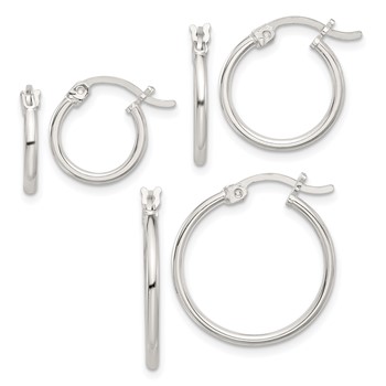 Sterling Silver Rhodium-plated Polished Set of 3 Hoop Earring Set