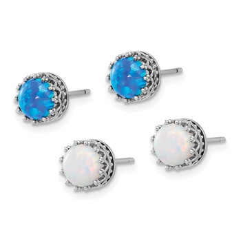 Sterling Silver Rh-plated 7mm Cr. Blue Opal / White Opal Post Earring Set — alternate view