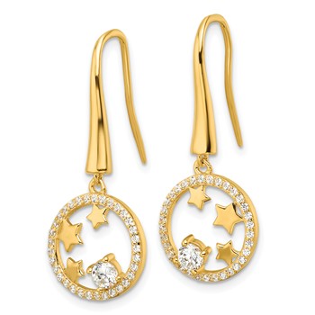 Sterling Silver Gold-plated CZ Stars Circle Shepherd Hook Earrings — alternate view