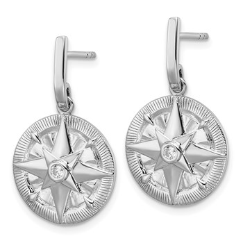 Sterling Silver Rhodium-plated Polished CZ Compass Dangle Post Earrings — alternate view