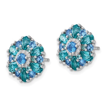 Sterling Silver Rh-pltd Blue/Green Nano Crystal and CZ Floral Post Earrings — alternate view