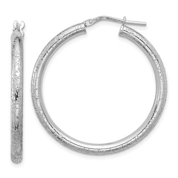 Sterling Silver Rhodium-plated Diamond-cut 3.00mm Hoop Earrings