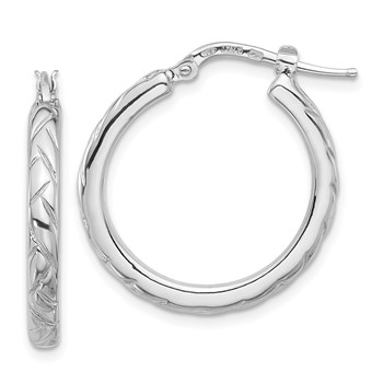 Sterling Silver Rhodium-plated Polished and Textured Hoop Earrings