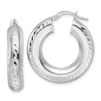 Sterling Silver Rhod-plated Polished & D/C 6mm Hollow Hoop Earrings