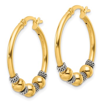 Sterling Silver Gold-tone Polished Antiqued Beaded Hoop Earrings — alternate view