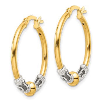 Sterling Silver Gold-tone Polished Antiqued Beaded Hoop Earrings — alternate view