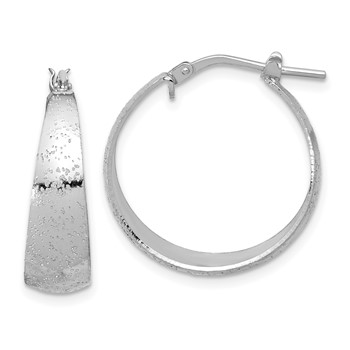 Sterling Silver RH-plated Sparkle Texture Tapered Round Hoop Earrings