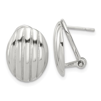 Sterling Silver Polished and Striped Texture Oval Omega Back Earrings