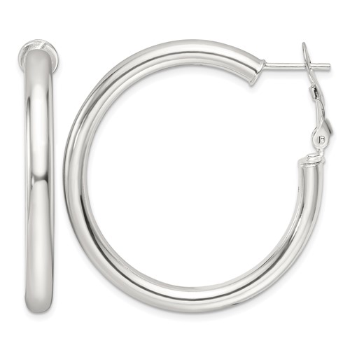 Sterling Silver Polished 40x4mm Omega Back Round Hoop Earrings