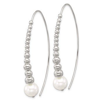 Sterling Silver Polished Beaded Simulated Pearl Threader Earrings — alternate view