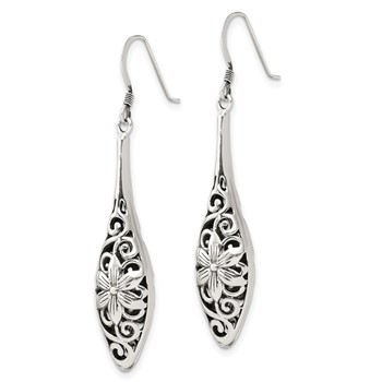 Sterling Silver Polished Antiqued Floral Teardrop Shepherd Hook Earrings — alternate view