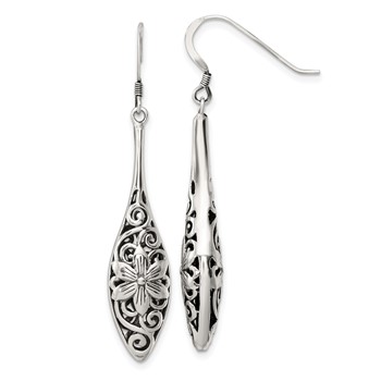 Sterling Silver Polished Antiqued Floral Teardrop Shepherd Hook Earrings