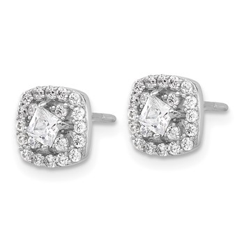 Sterling Silver Rhod-plated Polished CZ Square Center Halo Post Earrings — alternate view