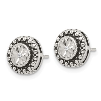 Sterling Silver Polished Antiqued and Diamond-cut CZ Post Earrings — alternate view