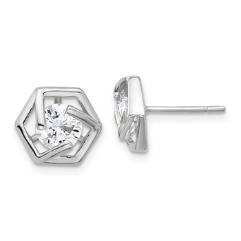 Sterling Silver Rhodium-plated Polished CZ Hexagon Post Earrings