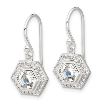 Sterling Silver E-coated Polished CZ Hexagon Dangle Earrings — alternate view