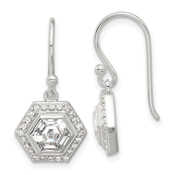 Sterling Silver E-coated Polished CZ Hexagon Dangle Earrings