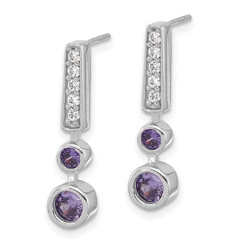 Sterling Silver RH-plated Purple & Clear CZ Post Dangle Earrings — alternate view