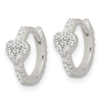 Sterling Silver E-Coating Fancy CZ Heart Hinged Hoop Earrings — alternate view