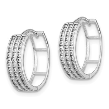 Sterling Silver Rhodium-plated 3 Row CZ Hinged Hoop Earrings — alternate view