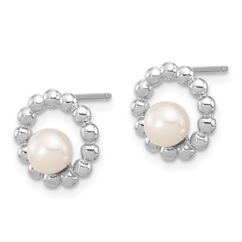 Sterling Silver Rhodium-plated 5-6mm White Button Freshwater Cultured Pearl Circle Post Earrings — alternate view