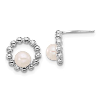 Sterling Silver Rhodium-plated 5-6mm White Button Freshwater Cultured Pearl Circle Post Earrings
