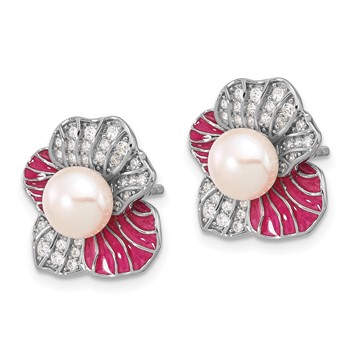Sterling Silver RH-plated Pink Enamel 6-7mm FWC Pearl/CZ Flower Earrings — alternate view