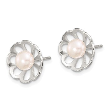 Sterling Silver Polished Flower Freshwater Cultured Pearl Post Earrings — alternate view