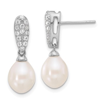 Sterling Silver Rhodium-plated 8-9mm White Teardrop Freshwater Cultured Pearl and CZ Post Dangle Earrings