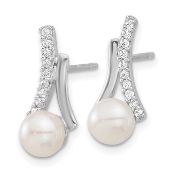 Sterling Silver Rhodium-plated CZ/Button 6mm FWC Pearl Post Earrings — alternate view