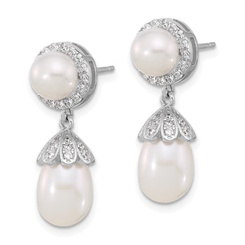 Sterling Silver Rhodium-plated 6-8mm White Rice and Button Freshwater Cultured Pearl and CZ Post Dangle Earrings — alternate view