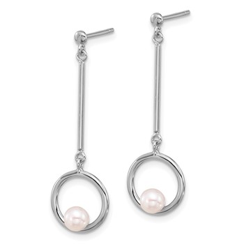 Sterling Silver Rhodium-plated 4-4.5mm White Semi-Round Freshwater Cultured Pearl Post Dangle Earrings — alternate view