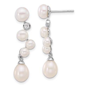 Sterling Silver Rhodium-plated 7-8/4-7mm White Rice and Button Freshwater Cultured Pearl and CZ Post Dangle Earrings