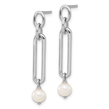 Sterling Silver Rhodium-plated Link with Freshwater Cultured Pearl Dangle Earrings — alternate view