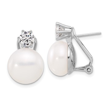 Sterling Silver Rhodium-plated 12-13mm White Freshwater Cultured Pearl and CZ Omega Back Earrings