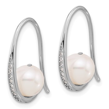 Sterling Silver Rhodium-plated 8-8.5mm White Semi-Round Freshwater Cultured Pearl and CZ Shepherd Hook Earrings — alternate view