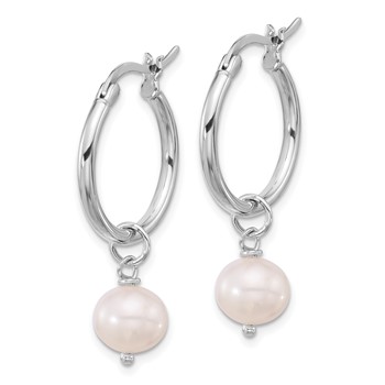 Sterling Silver Rhodium-plated 8-9mm White Near-Round Freshwater Cultured Pearl Dangle Hoop Earrings — alternate view