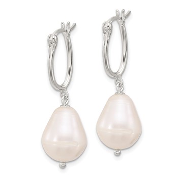 Sterling Silver Polished Teardrop FWC Pearl Dangle Oval Hoop Earrings — alternate view