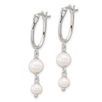 Sterling Silver Polished Double FWC Pearl Dangle Oval Hoop Earrings — alternate view