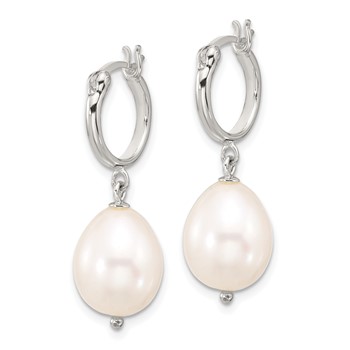 Sterling Silver Polished Teardrop FWC Pearl Dangle Round Hoop Earrings — alternate view
